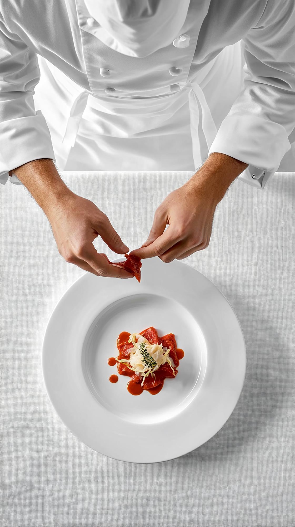 Chef che impiatta un piatto rustico
